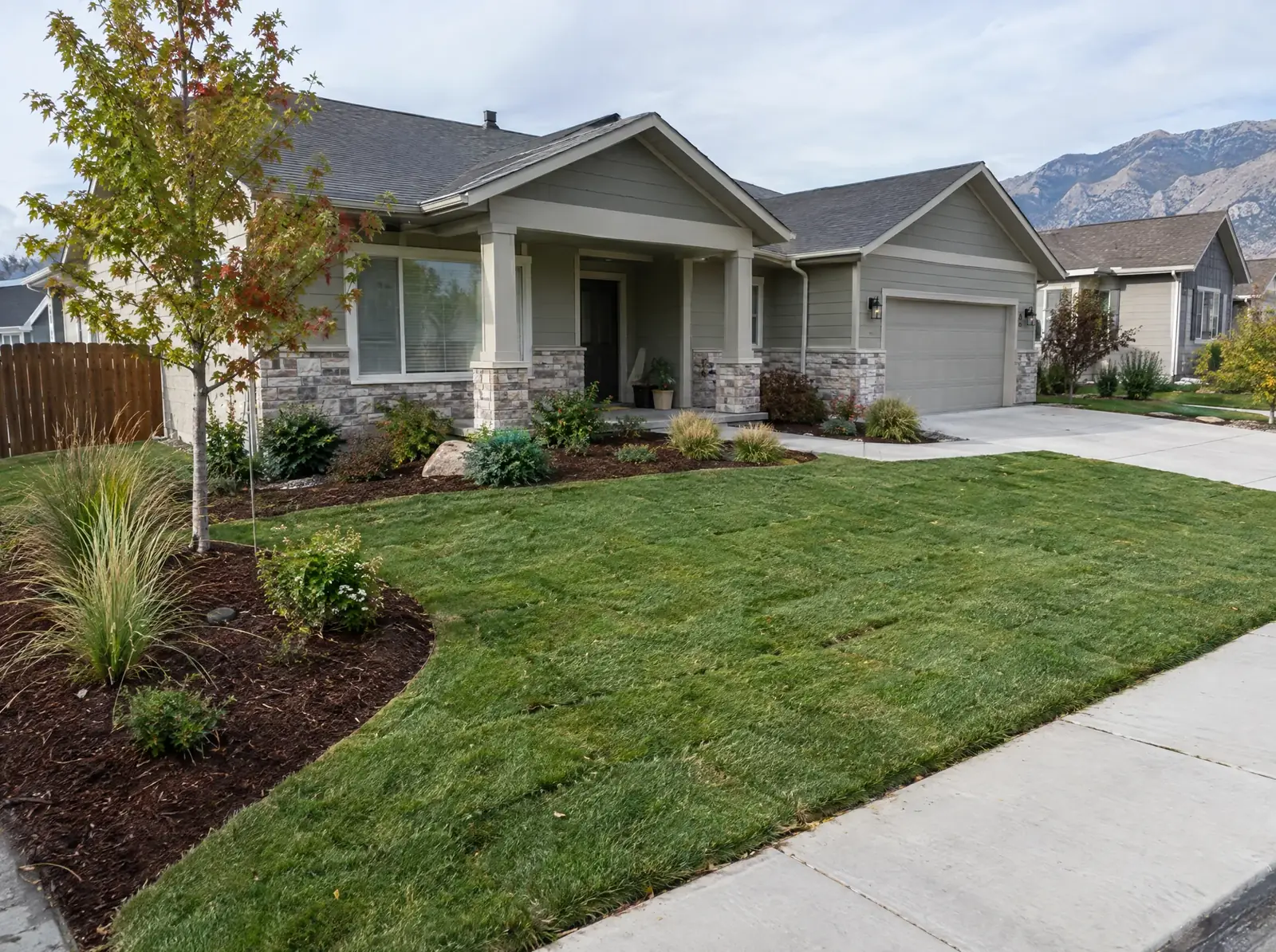 Finished front yard on an overcast day: cut lawn, mulched beds and a young tree beside a grey suburban house, with the Wasatch range behind.