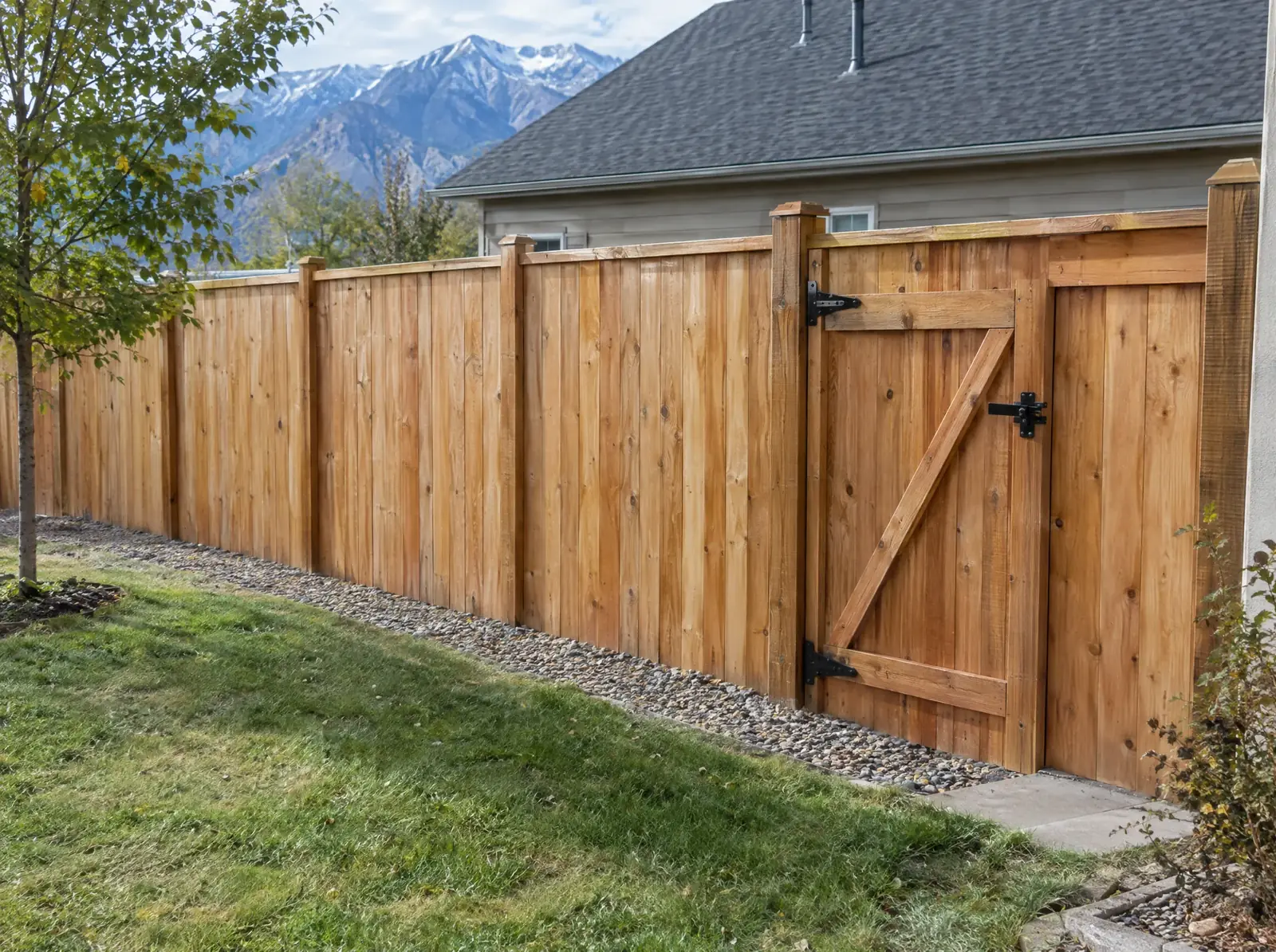 New cedar privacy fence and matching gate along a back garden, with a gravel strip at the base and snow-topped mountains behind.