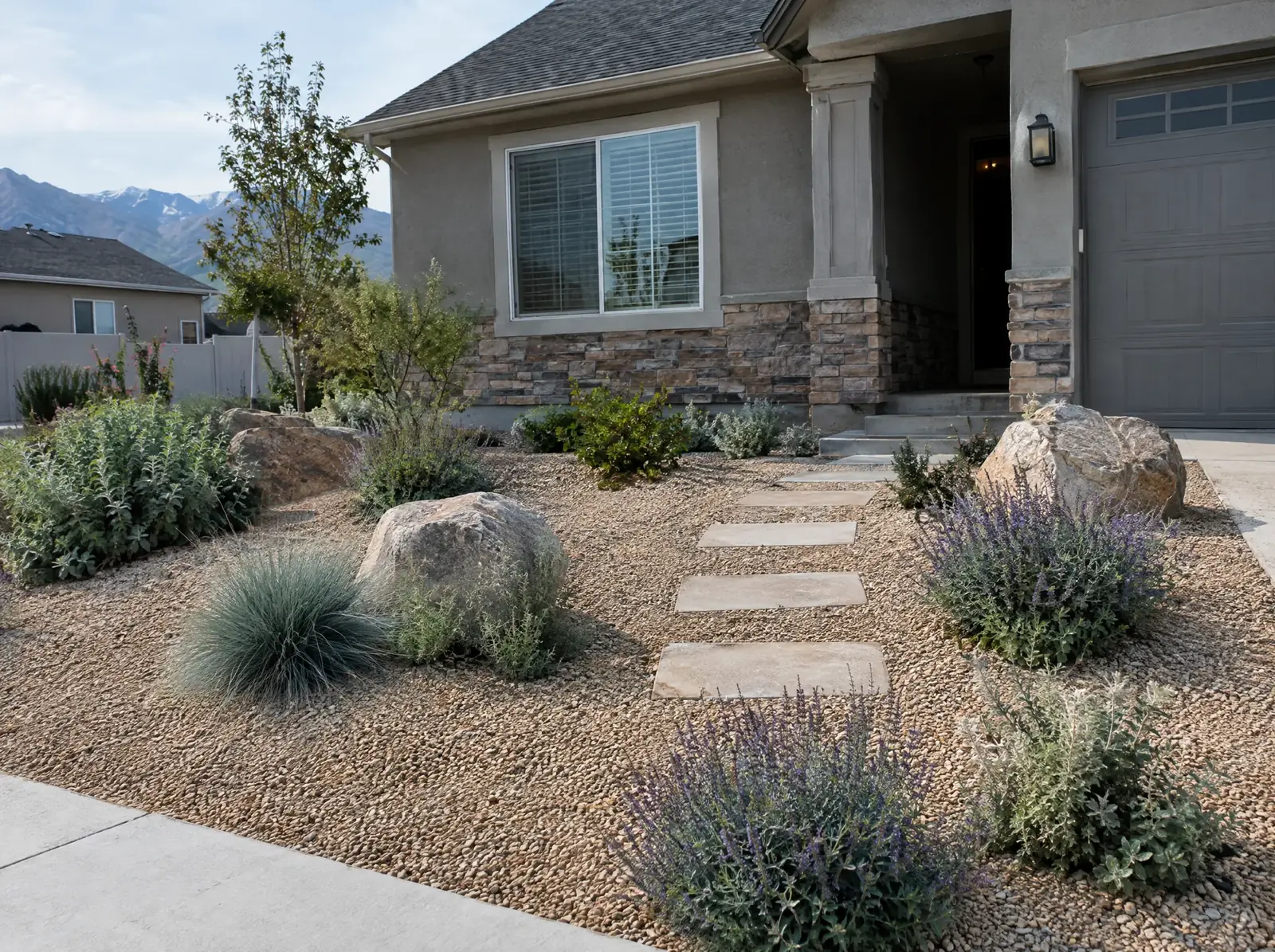 Waterwise front yard of gravel, boulders, blue fescue and lavender, with stepping stones leading to the front door.