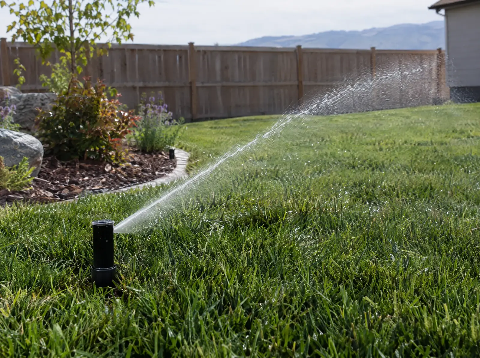 Pop-up sprinkler head spraying an arc of water across a lawn, with a wooden fence and mountains behind.