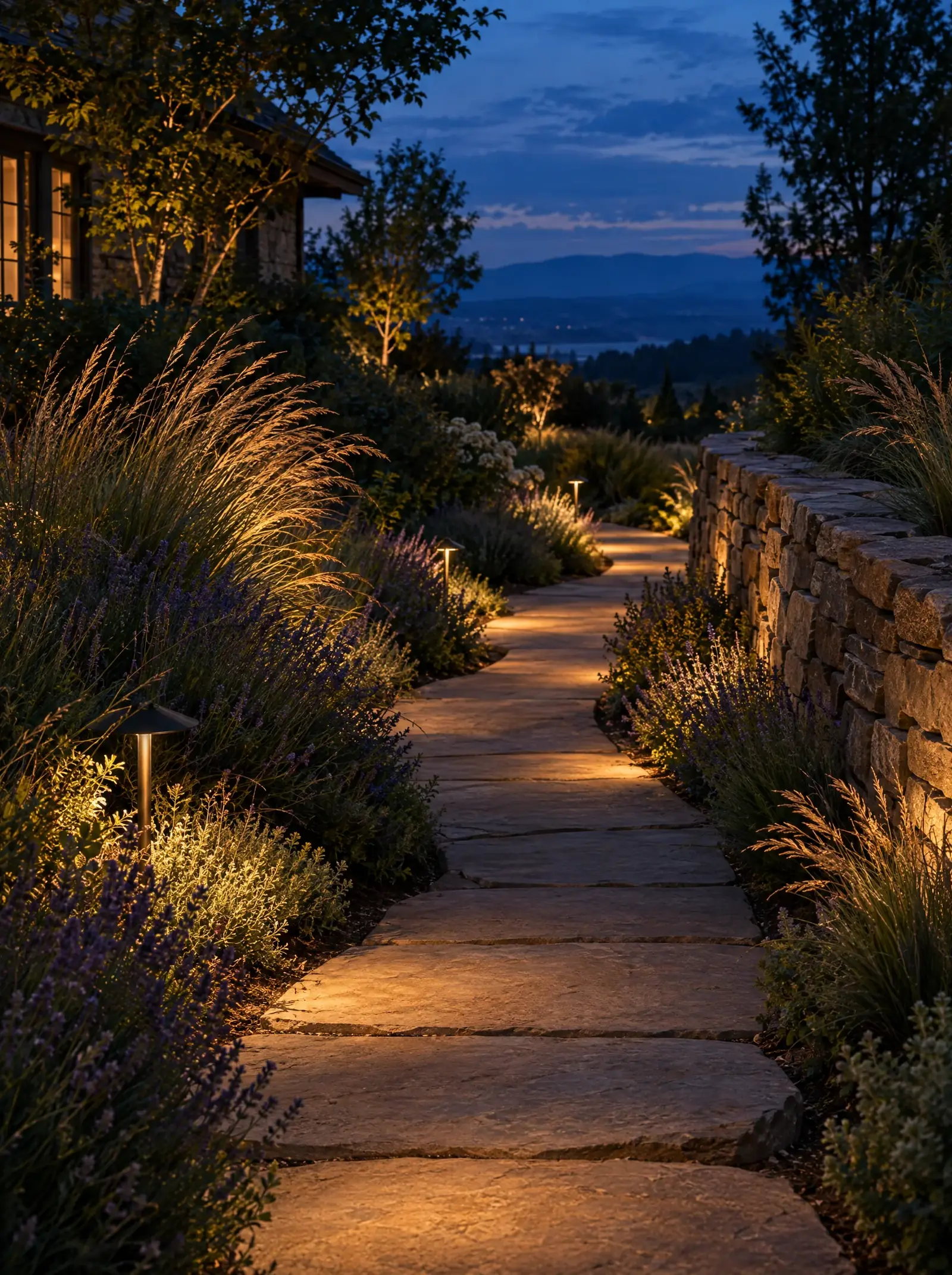 Warmly lit stone path curving through planted beds at dusk.
